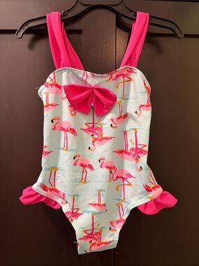 Girls Pink Flamingo One-Piece Swimsuit with Bow 3T